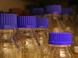 Das Bild zeigt  Chemikalienflaschen mit blauem Deckel.