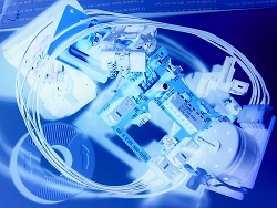 Das Bild zeigt in grellem blau-weis durcheinandergewürfelte Elektronik-Produkte. 