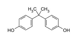 Das Bild zeigt die chemische Struktutr eines Bisphenol A Moleküls.
